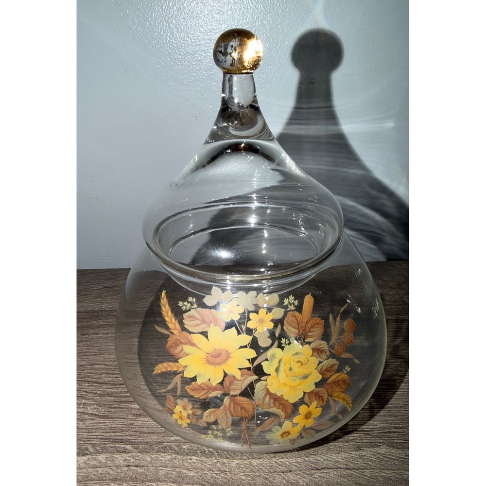 Vintage Viking Glass Apothecary Jar Yellow Floral Sunflower Gold Finial Lid 7"